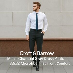 Croft & Barrow Mens Microfiber Pants Plain Front Expandable Waist 33x32 Gray